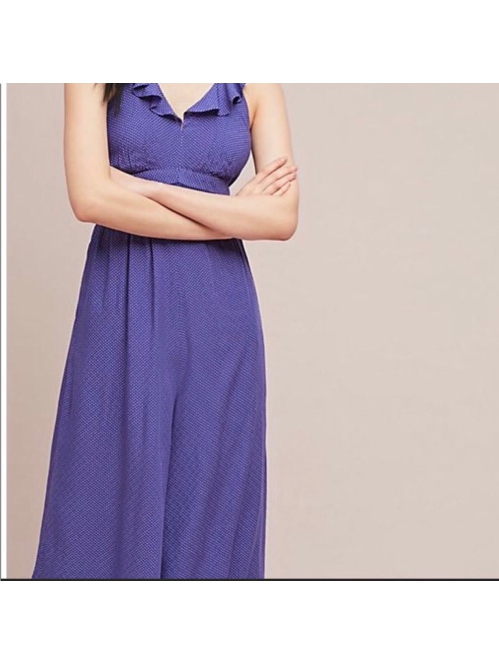 Anthropologie Maeve Ruffled Navy Blue Maxi Dress with Tiny White Dot Print - Picture 2 of 13